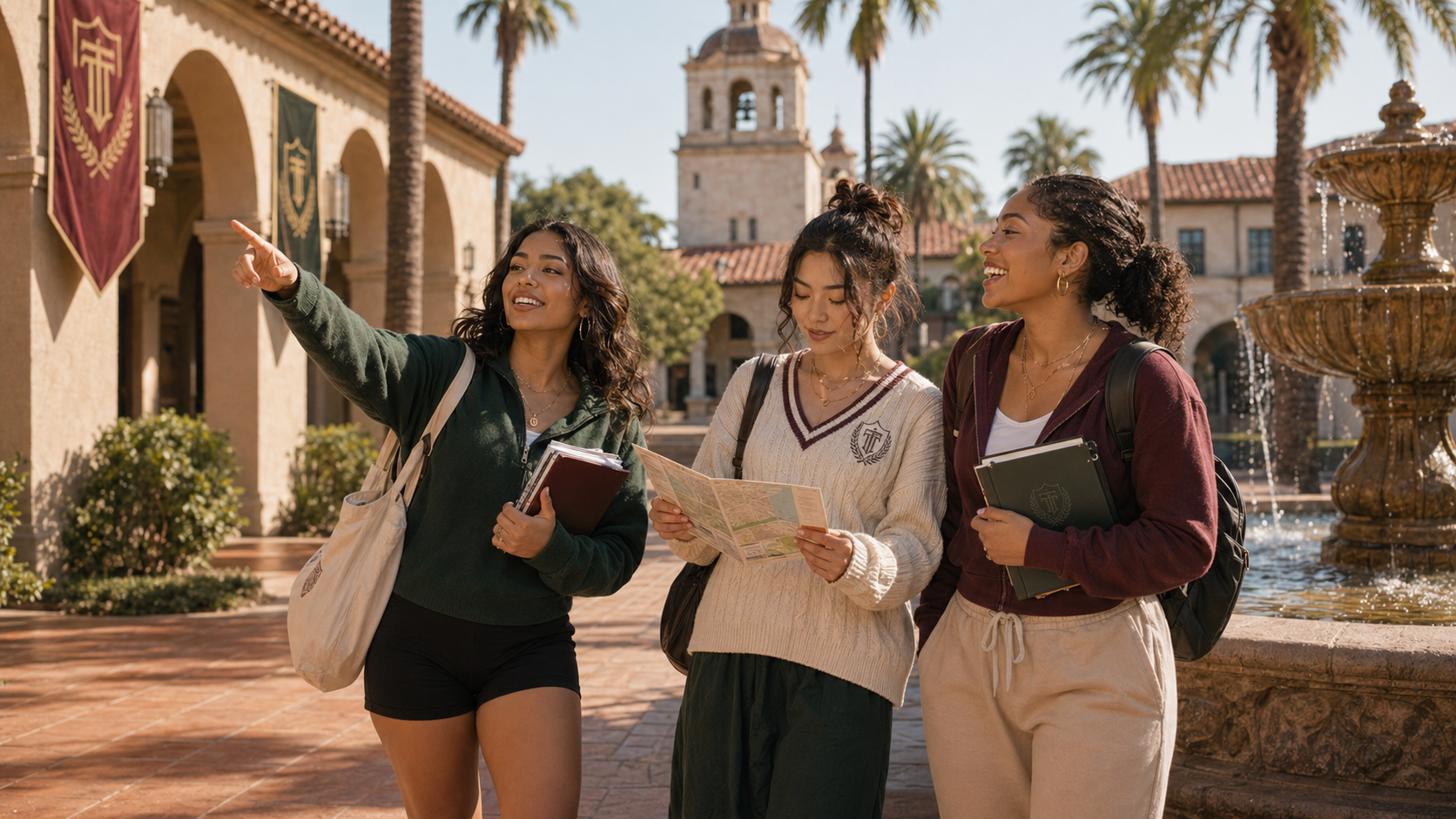Adult academy students on a guided campus visit near a courtyard fountain.