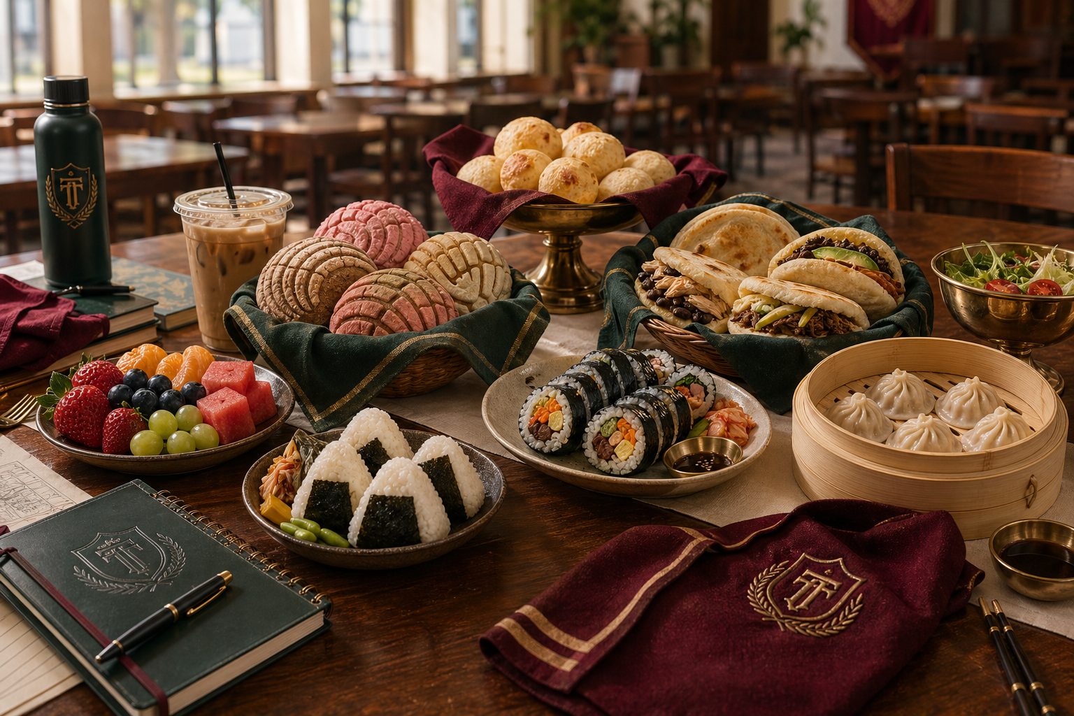 Campus food table with pastries, fruit, and notebooks for a dining seminar.