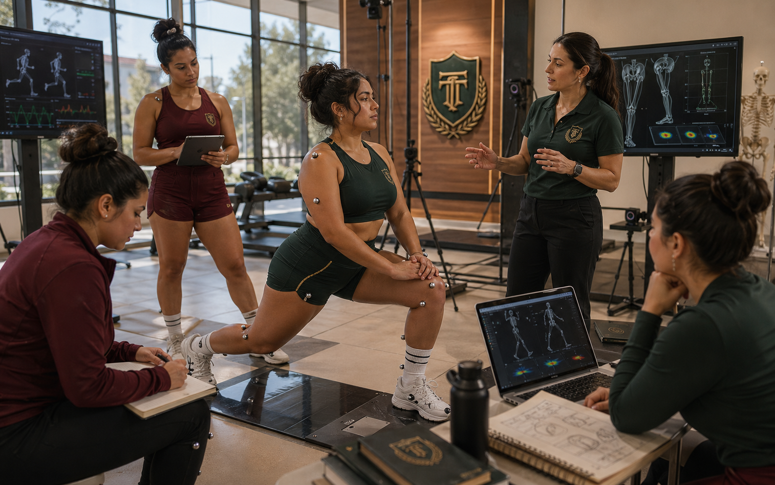 Adult college-aged academy students in a biomechanics lab studying lower-body movement.