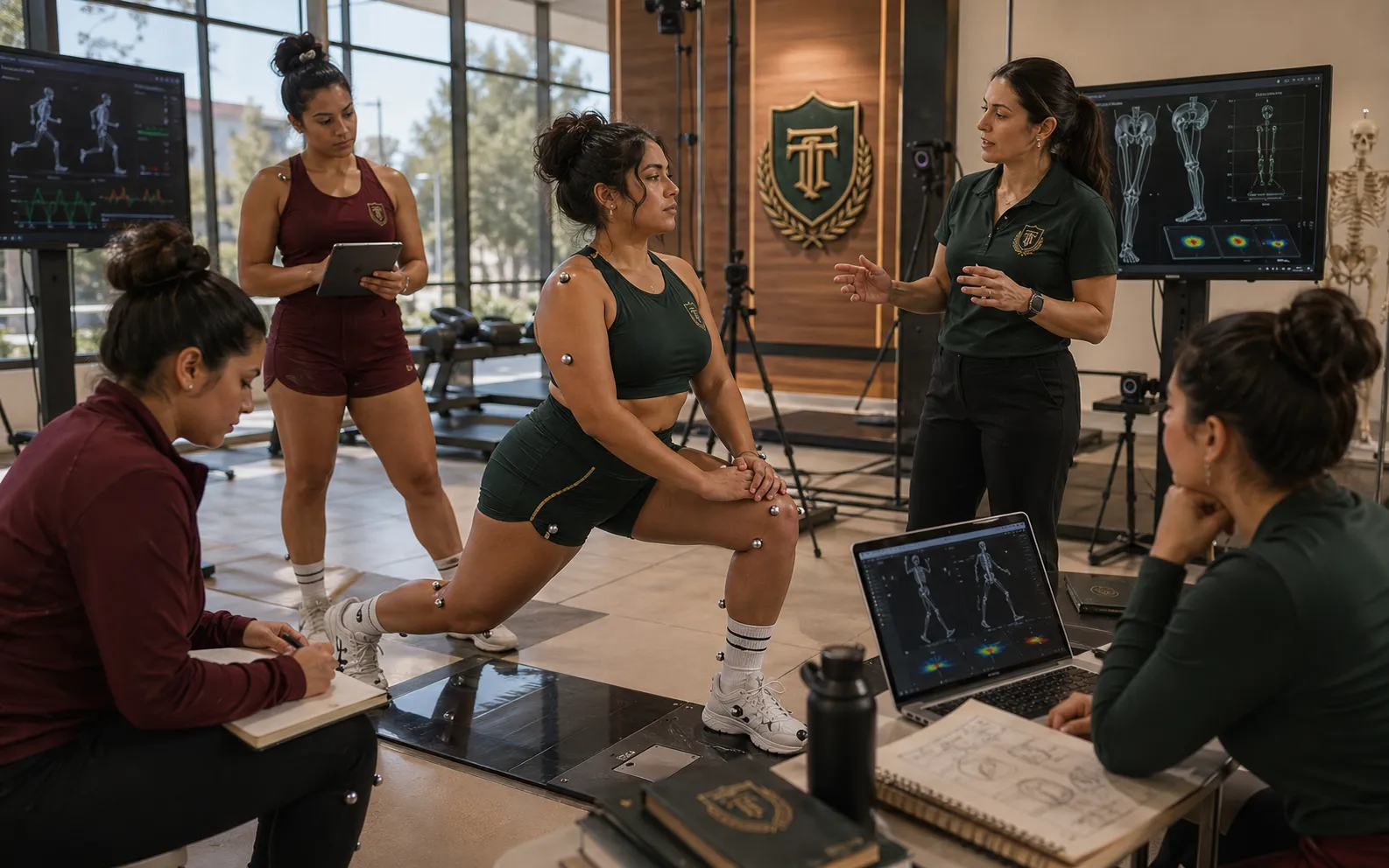 Adult academy students in a biomechanics lab studying lower-body movement.