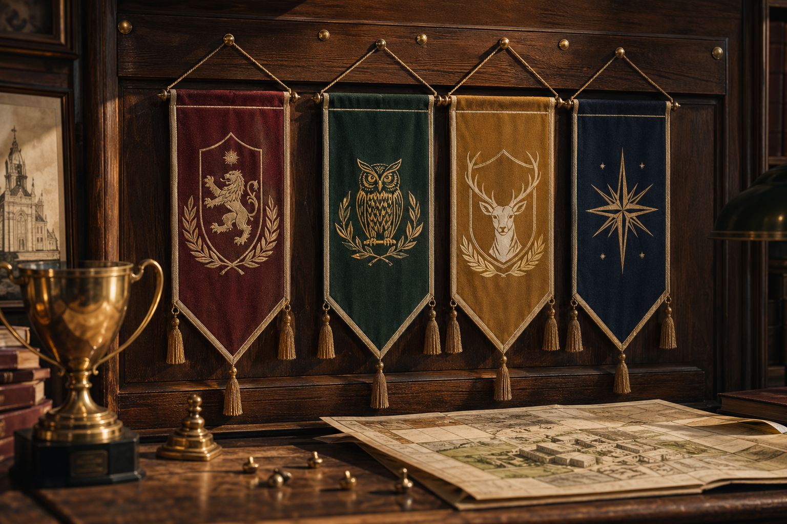 Academy house pennants and trophy on a notice board.