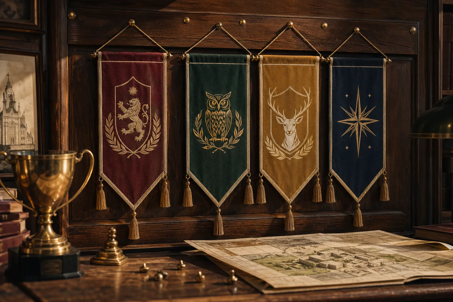 Academy house pennants and trophy on a notice board.