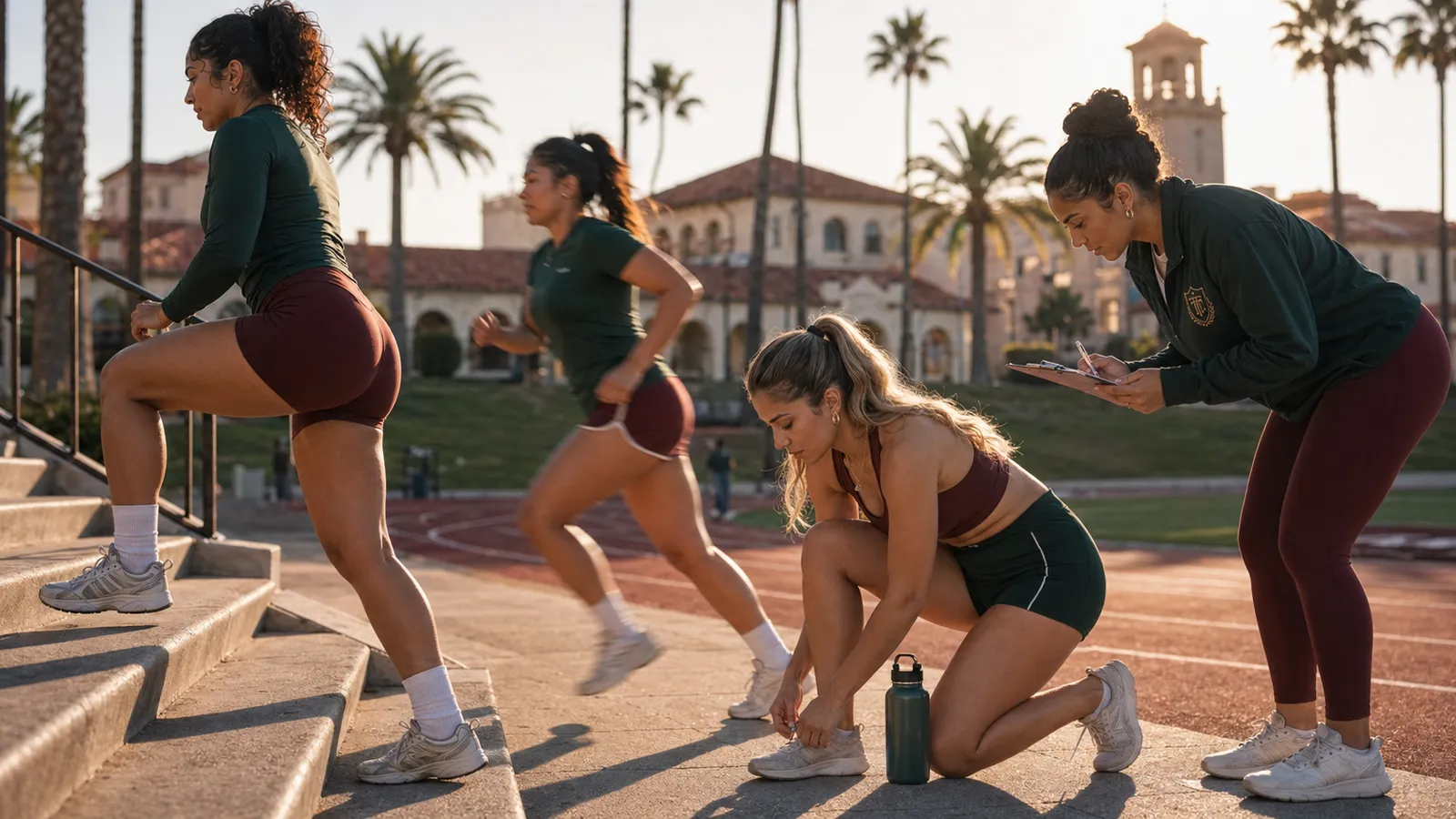 Adult academy students training on outdoor campus steps beside the track.