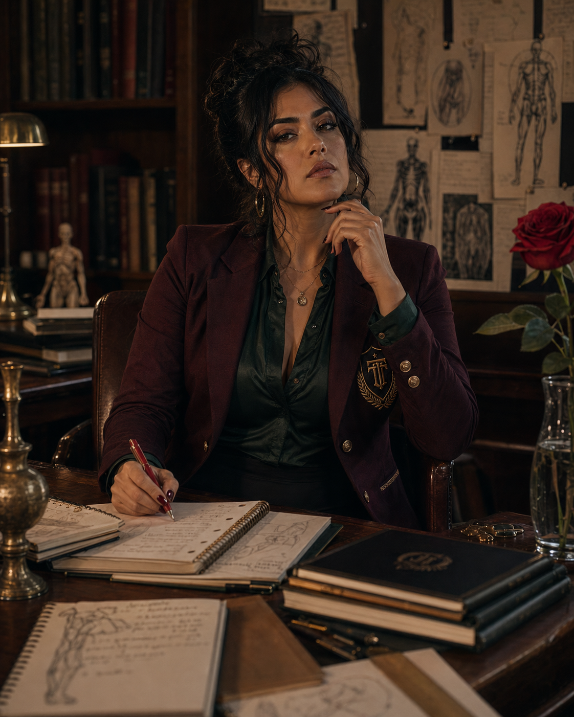 Adult professor with an intense yandere-inspired research persona in a dark academic office.