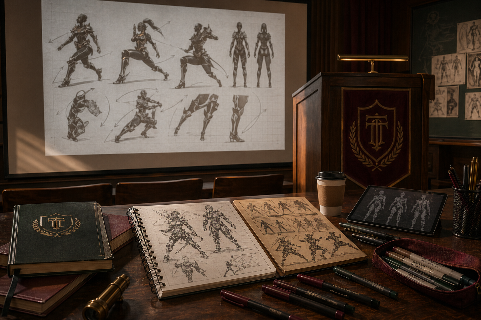 Academic visual culture display with anime-inspired motion studies and costume notes.