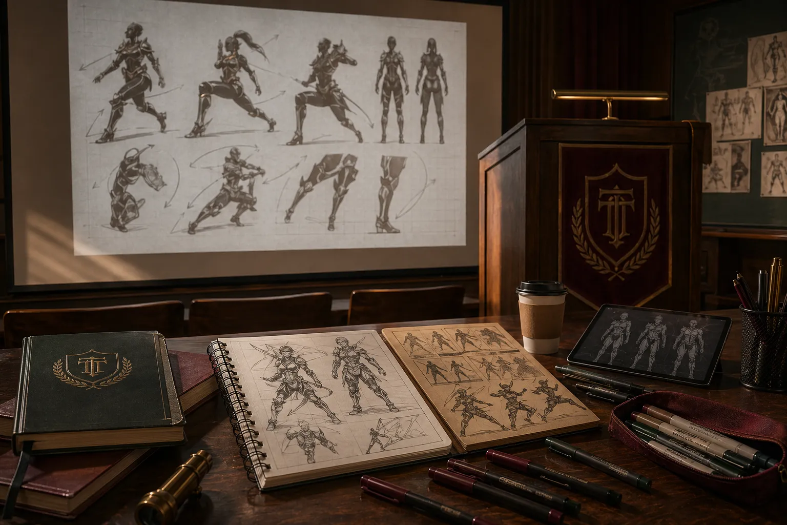 Academic visual culture display with anime-inspired motion studies and costume notes.