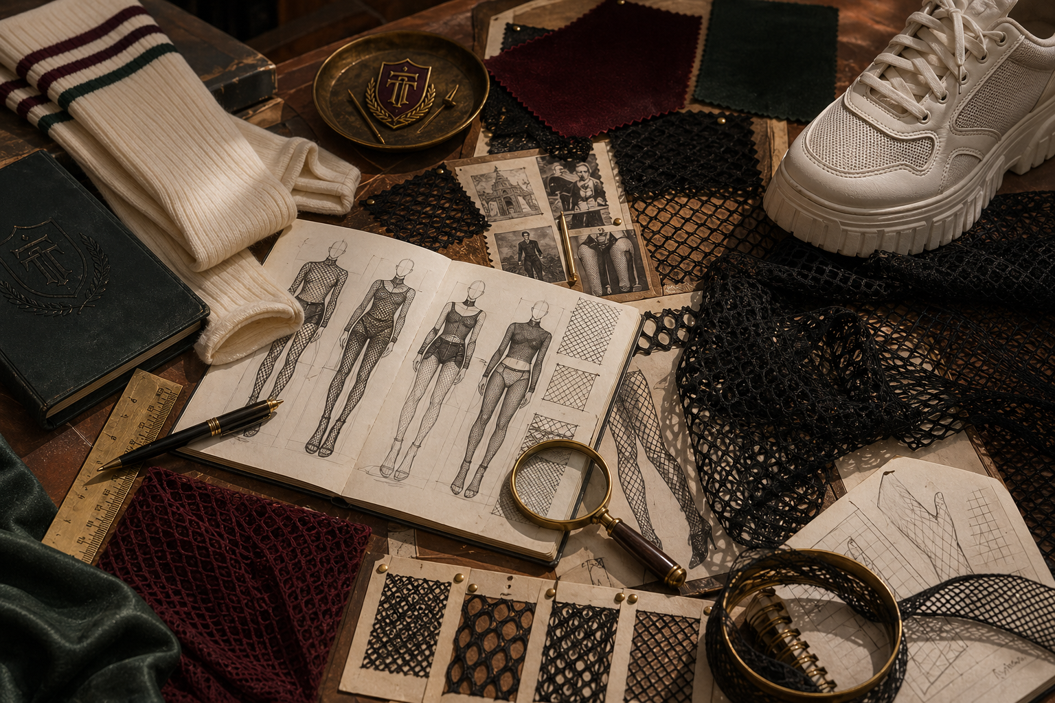 Fishnet and mesh textile samples arranged for an academic seminar.