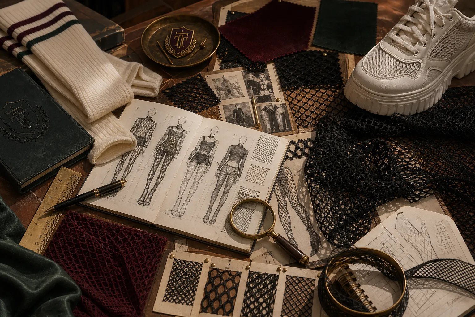 Fishnet and mesh textile samples arranged for an academic seminar.