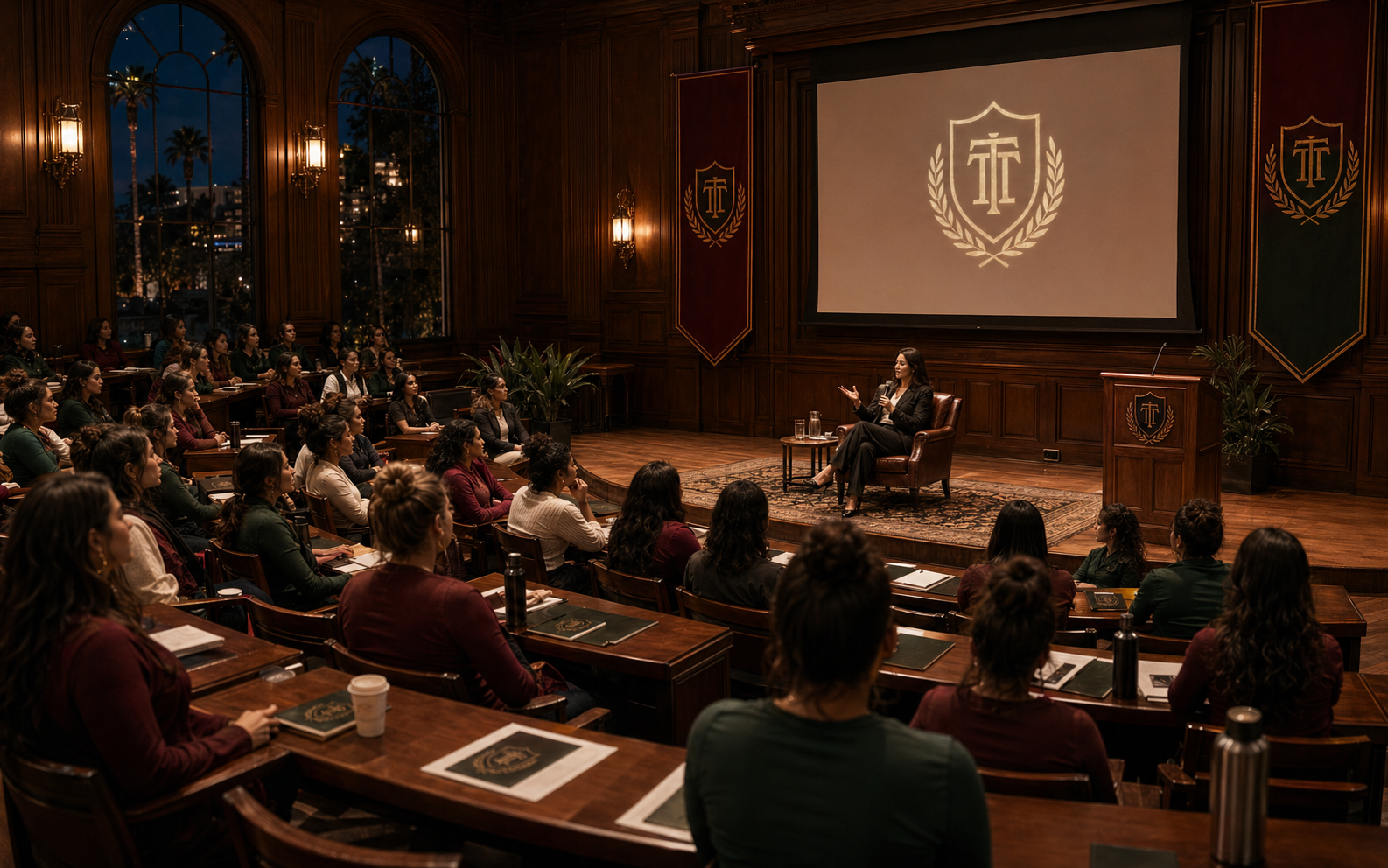 Diverse adult academy students and faculty attending a formal seminar session.