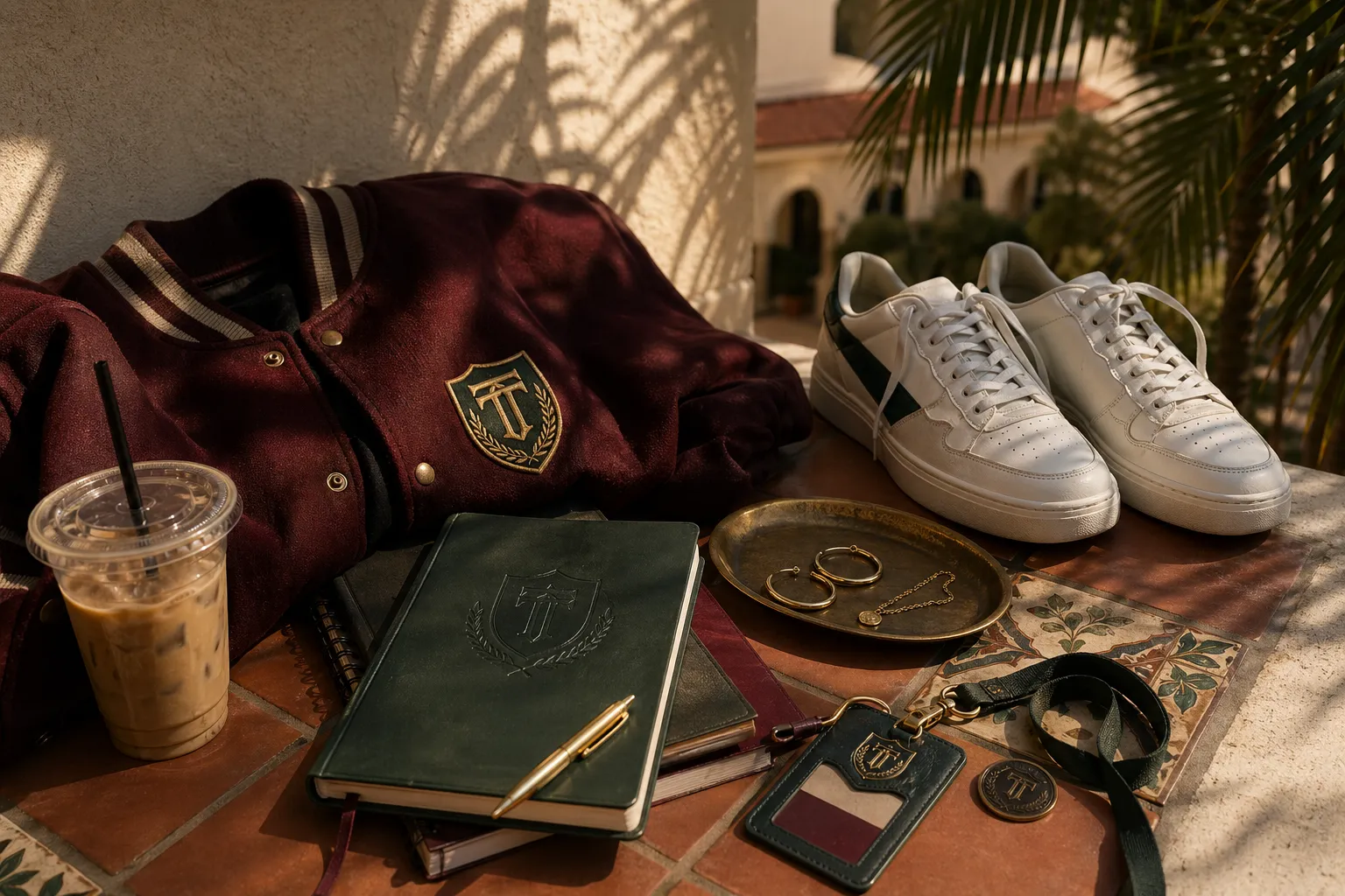 Academy still life with gold hoops, notebook, sneakers, and iced coffee on terracotta tile.