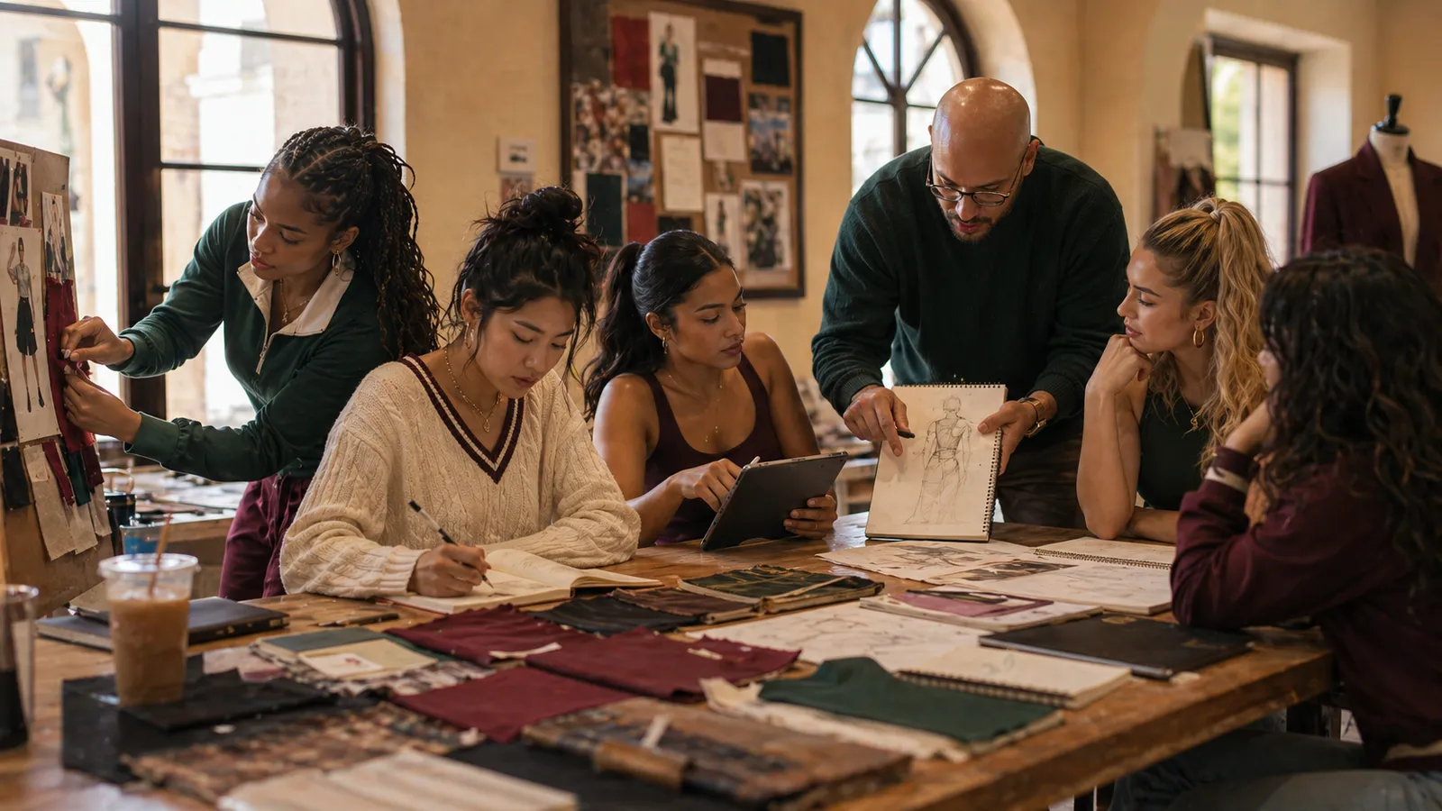 Adult academy students and an instructor working through a studio critique.