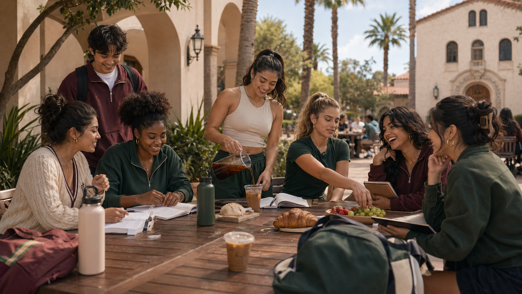 Adult academy students sharing notes and snacks at an outdoor terrace table.
